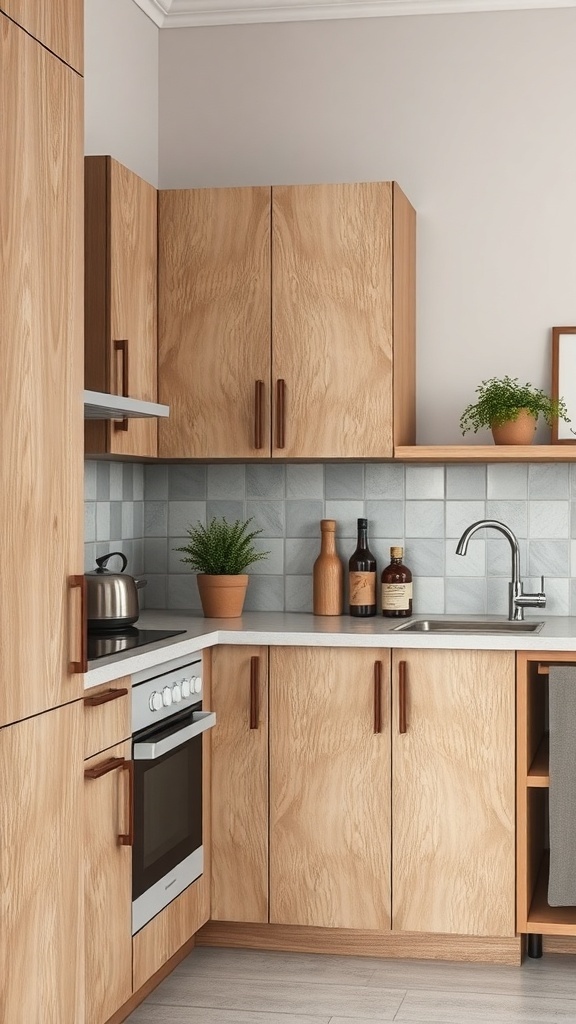Small Kitchen Remodel A modern small kitchen featuring wood cabinetry and gray tiled backsplash.