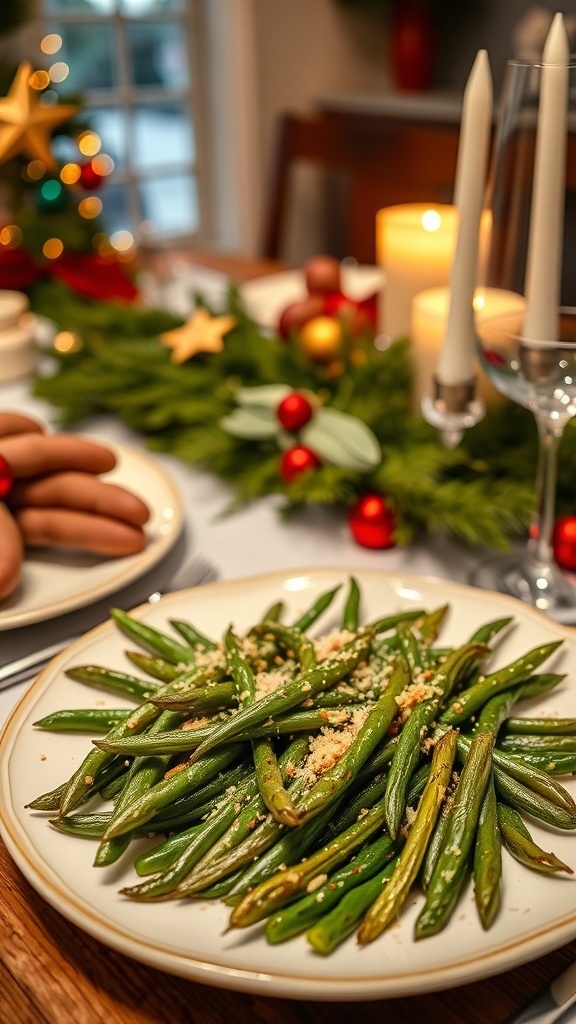 A plate of crispy oven baked parmesan green beans on a festive table setting with candles and holiday decorations.
