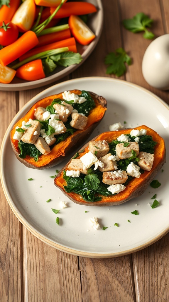 Stuffed sweet potatoes with turkey and kale on a plate