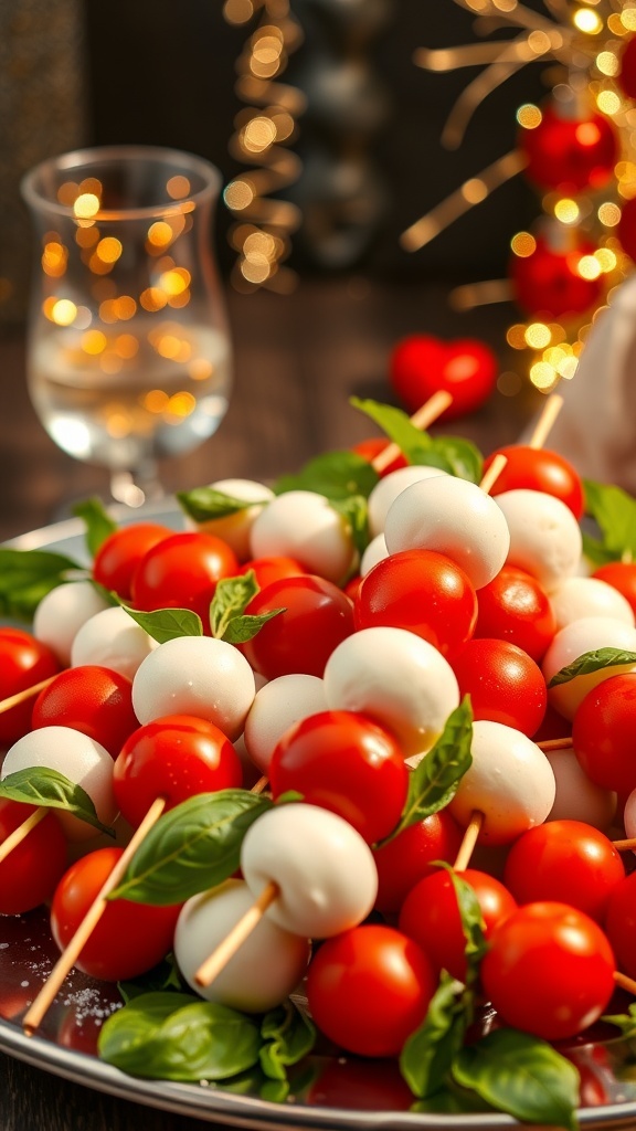 A plate of colorful Caprese skewers with cherry tomatoes, mozzarella balls, and basil leaves, set against a festive background.