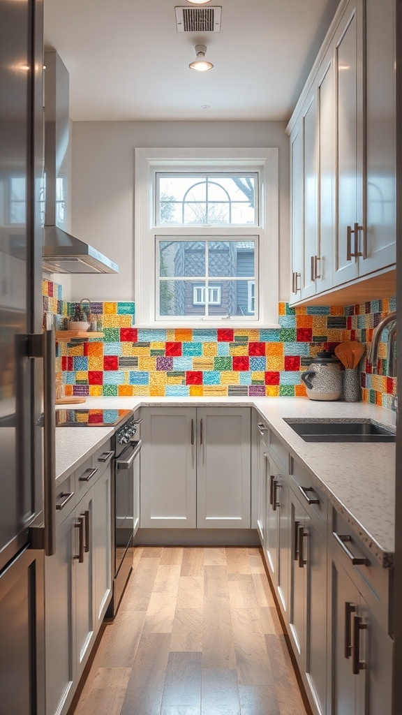 A colorful backsplash in a galley kitchen featuring a mix of bright tiles.