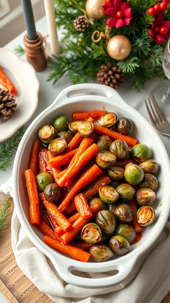 A dish of roasted maple glazed carrots and Brussels sprouts, garnished and ready to serve.