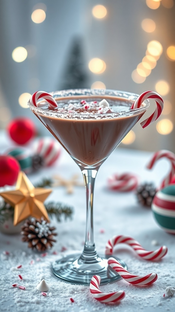 A festive Peppermint Bark Chocolate Martini garnished with candy canes and surrounded by holiday decorations.