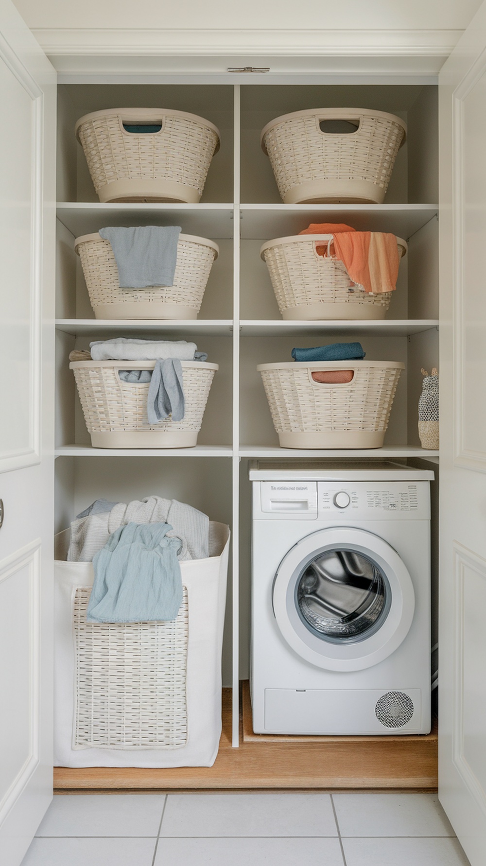 Small Laundry Room Ideas A small laundry room with organized baskets on shelves and a washing machine.