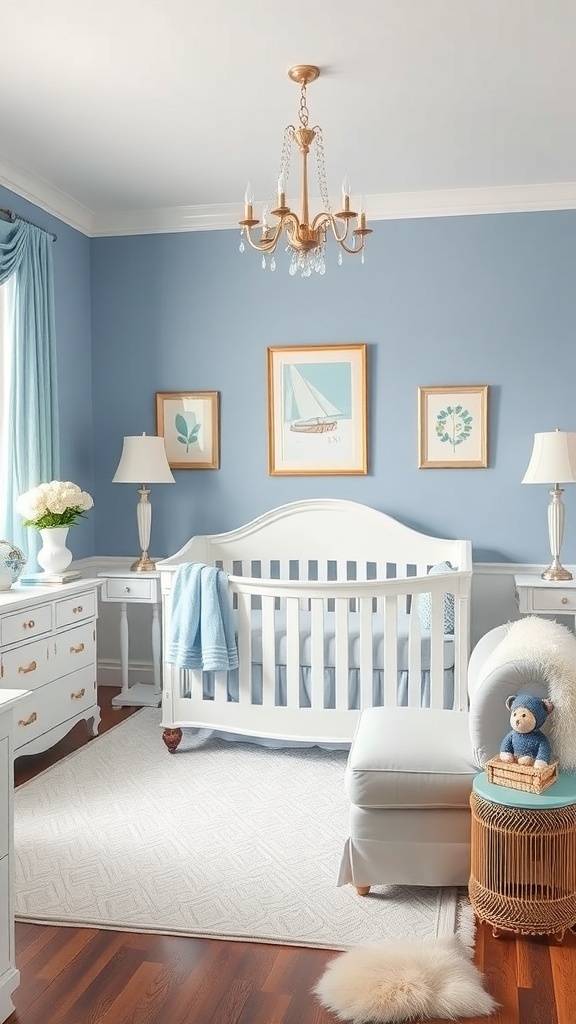 Boy Nursery Ideas A baby boy nursery featuring a classic blue and white color palette with a white crib, blue walls, and elegant decor.