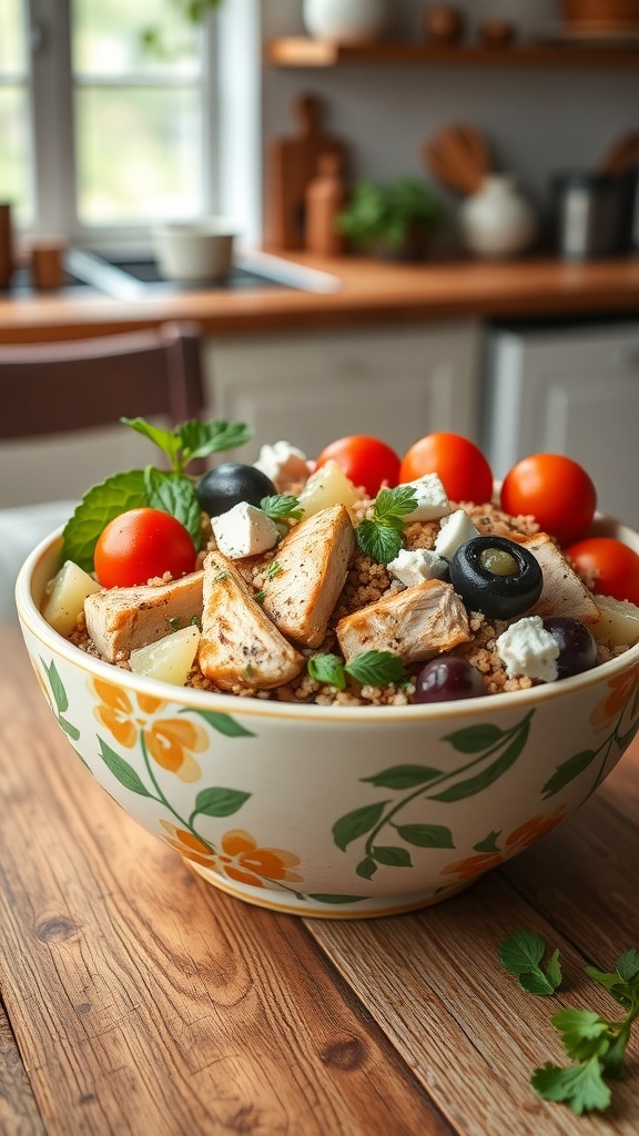A bowl of Mediterranean chicken with couscous, cherry tomatoes, olives, and herbs