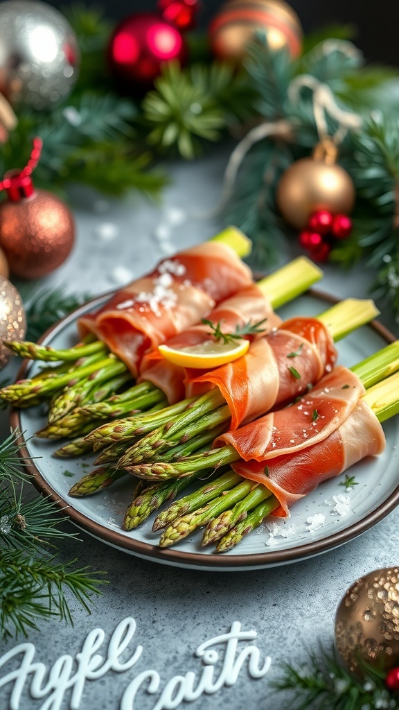 A plate of prosciutto wrapped asparagus bundles with festive decorations