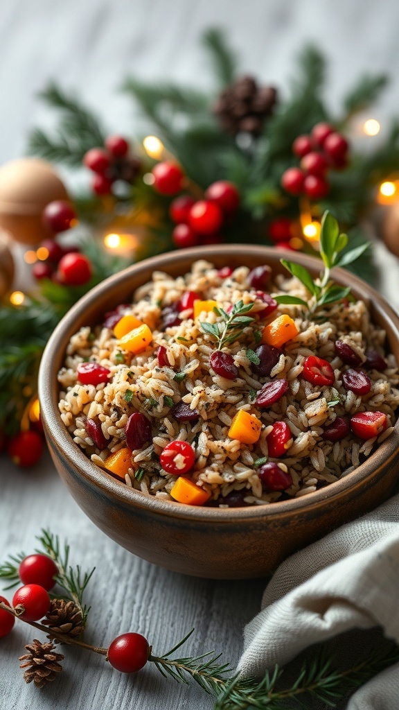 A bowl of Cranberry Orange Wild Rice Pilaf surrounded by festive decorations.