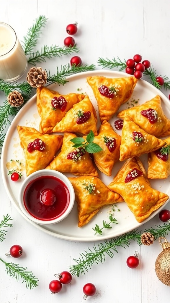 A plate of Turkey Cranberry Puff Pastry Pockets garnished with greenery and red berries