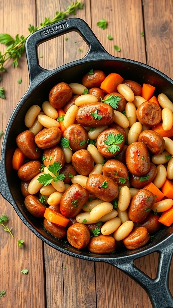 A skillet filled with turkey sausage, white beans, and carrots garnished with parsley.