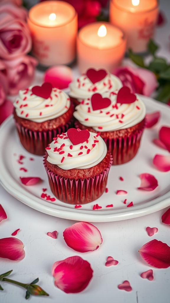 Red velvet cupcakes with cream cheese frosting and heart decorations, surrounded by rose petals and candles.