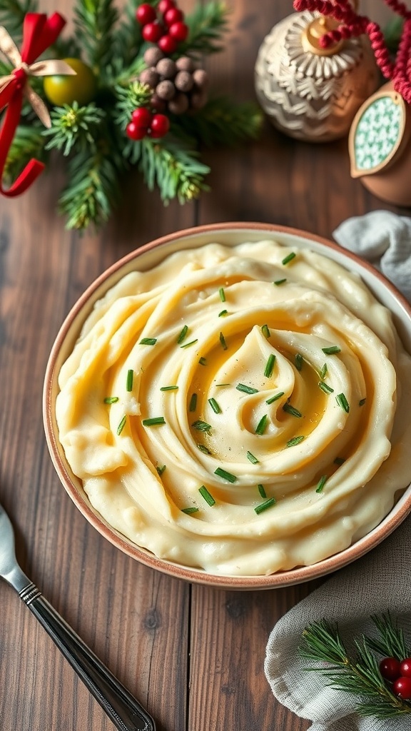 A bowl of brown butter garlic mashed potatoes garnished with chives, surrounded by festive decorations.