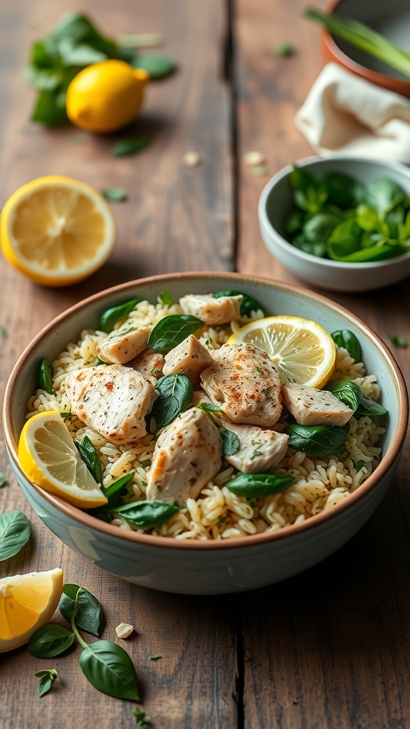 A bowl of Greek Lemon Orzo with Chicken and Spinach, garnished with lemon slices and fresh herbs.