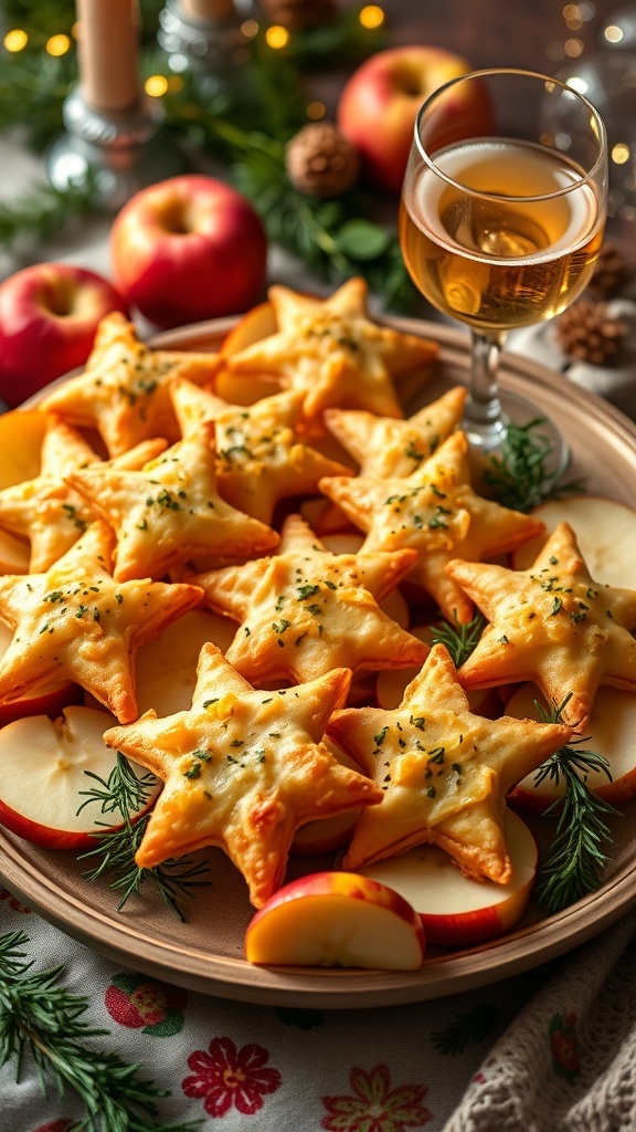 A platter of star-shaped puff pastries filled with apple and cheddar, garnished with herbs, alongside fresh apple slices and a glass of sparkling drink.