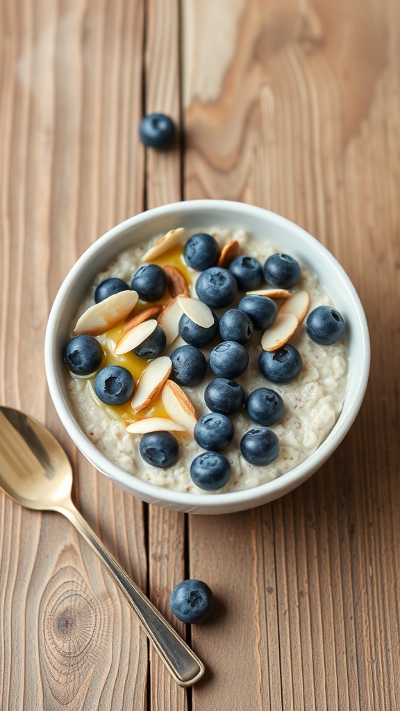 A bowl of blueberry almond high protein overnight oats topped with blueberries and almond slices.