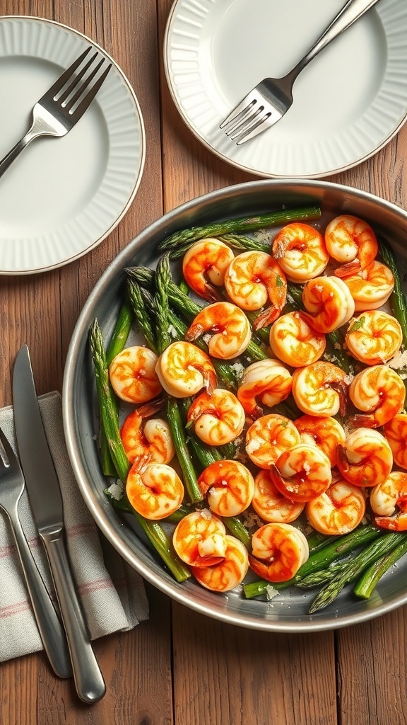 A plate of Garlic Parmesan Shrimp and Asparagus on a wooden table with utensils