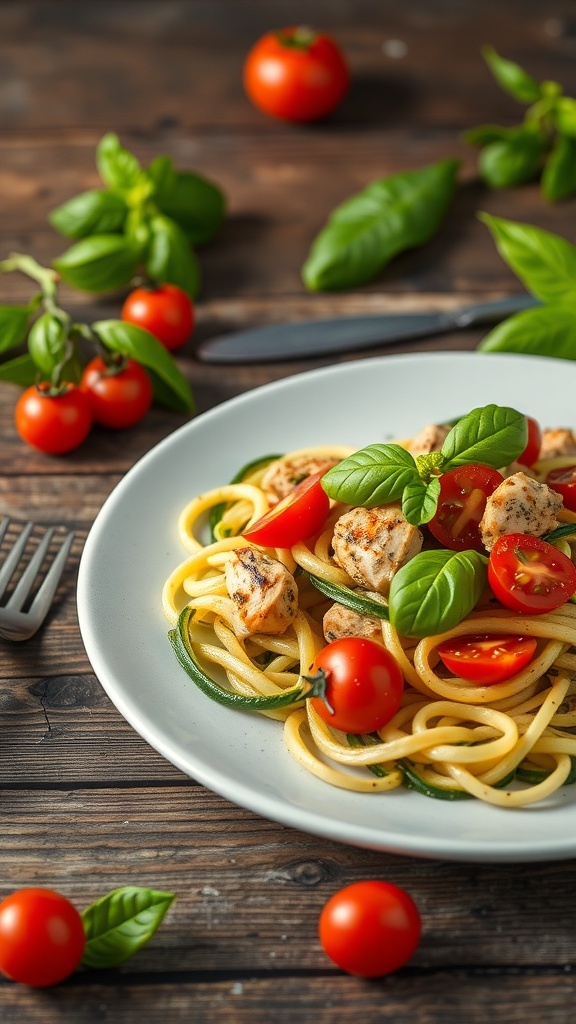 A plate of healthy pesto chicken zucchini noodles with cherry tomatoes and basil on a wooden table.