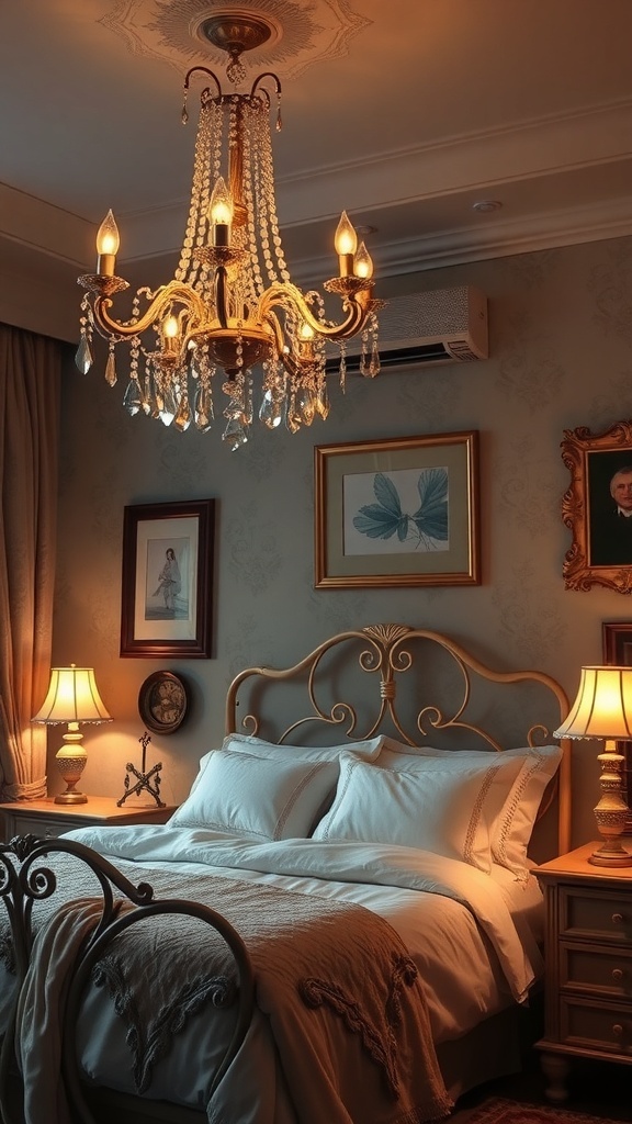 Room Ideas Aesthetic Vintage A vintage-style bedroom with a chandelier and table lamps providing warm lighting.