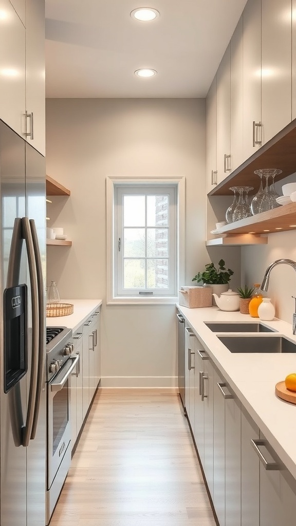 A modern galley kitchen with sleek cabinets, open shelving, and a clean layout.