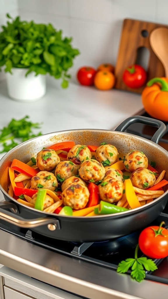 A skillet filled with turkey meatballs and colorful bell peppers, garnished with fresh herbs.