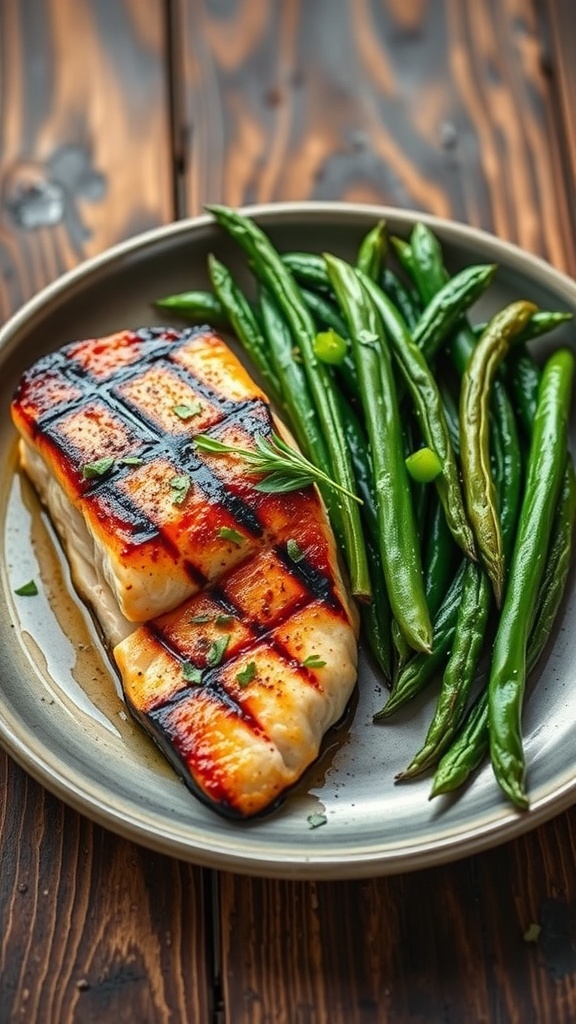 Grilled salmon fillet with green beans on a plate