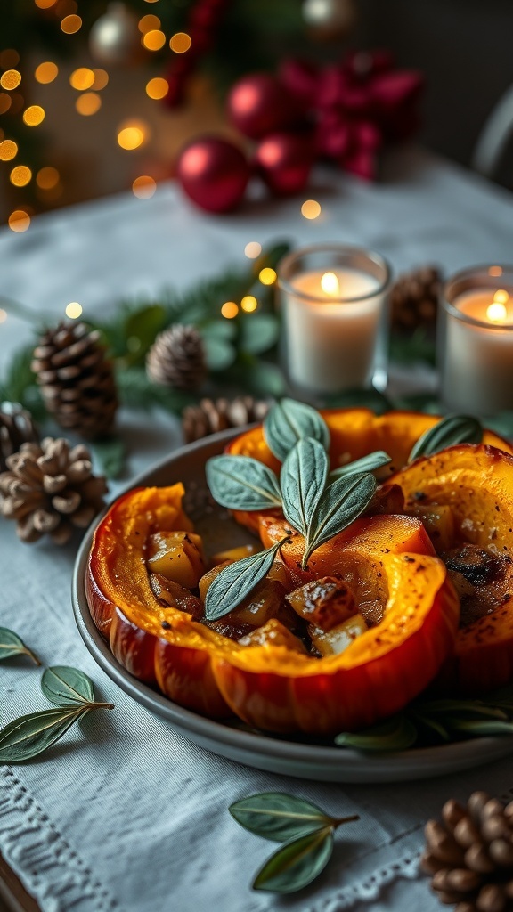 A plate of roasted butternut squash garnished with fresh sage leaves, surrounded by pinecones and candles, set against a festive background.