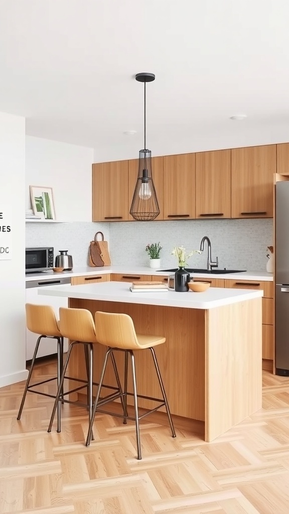 Small Kitchen Remodel A compact kitchen with a modern island, light wood cabinetry, and stylish stools.