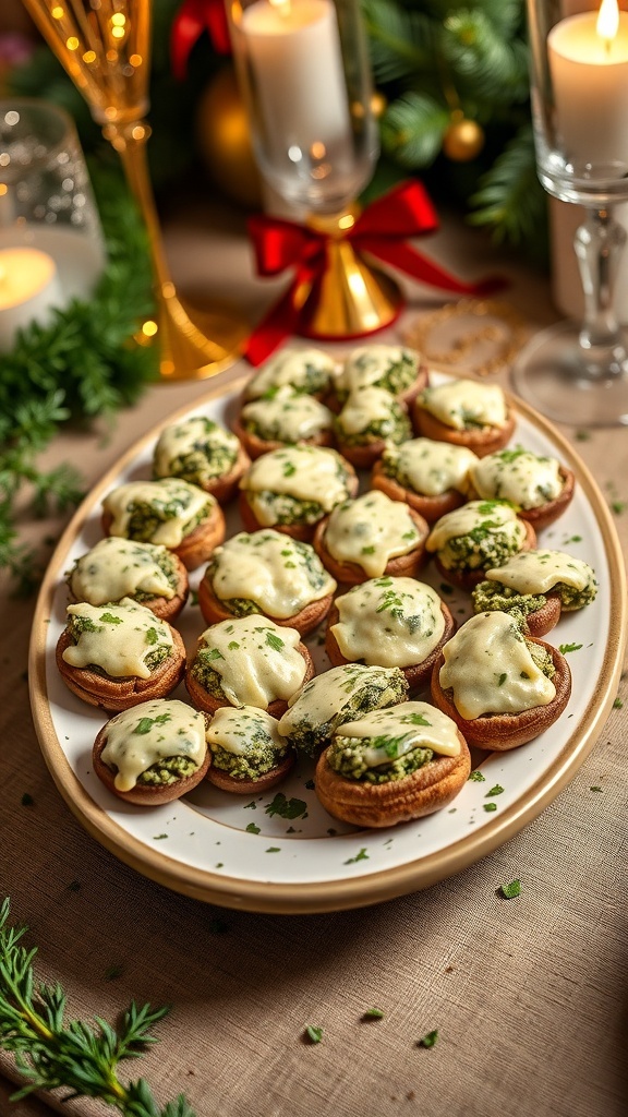 A platter of cheesy spinach artichoke stuffed mushrooms, garnished and ready for a festive gathering.