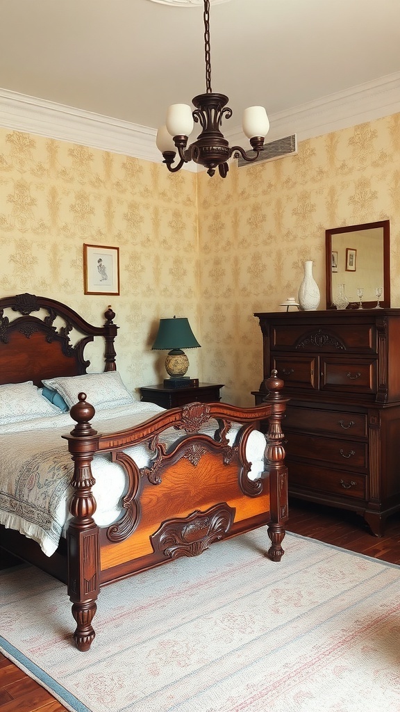 Room Ideas Aesthetic Vintage A vintage bedroom featuring an antique wooden bed, dresser, and chandelier.