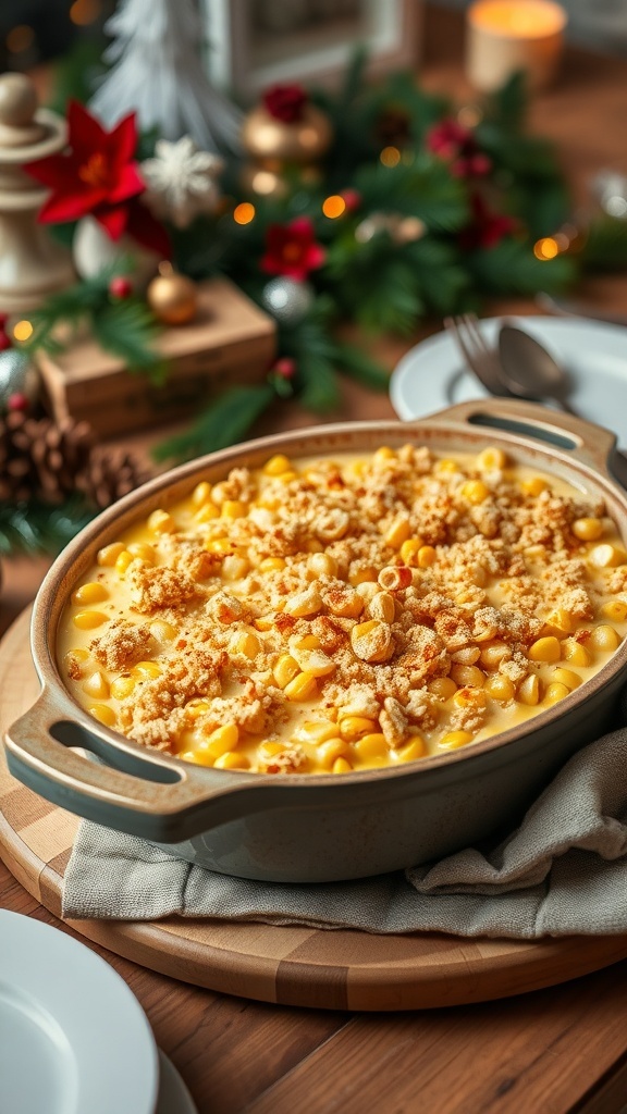 A creamy corn casserole topped with a crunchy layer, set on a wooden table decorated for Christmas.