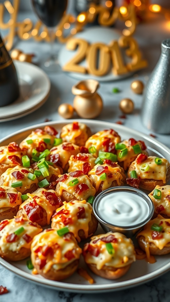 A plate of loaded potato bites topped with cheese, bacon, and green onions, served with sour cream.
