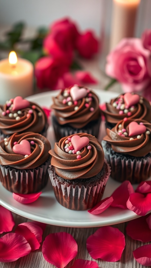 A plate of chocolate cupcakes decorated with heart-shaped candies and surrounded by rose petals.