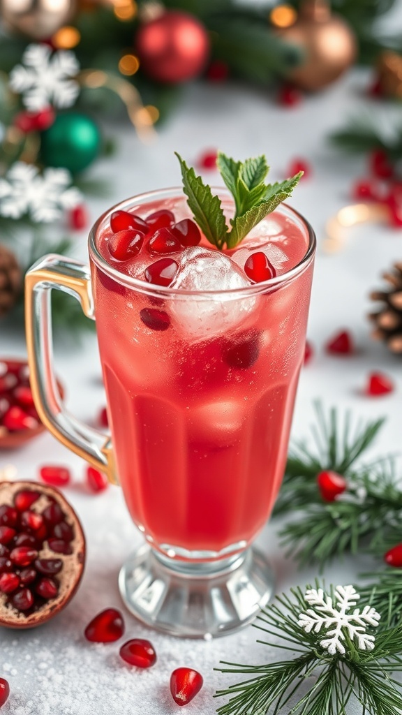 A festive pomegranate mule drink garnished with mint and pomegranate seeds, surrounded by holiday decorations.