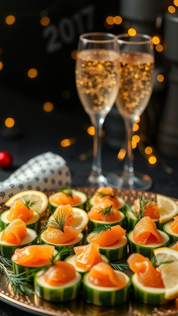 Mini smoked salmon cucumber rounds on a platter with champagne glasses in the background