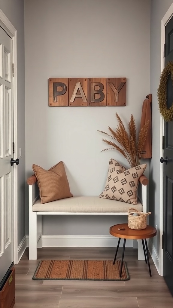 Small Foyer Ideas Entryway Cozy entryway with a white bench, patterned pillows, wooden letters, and a small table.