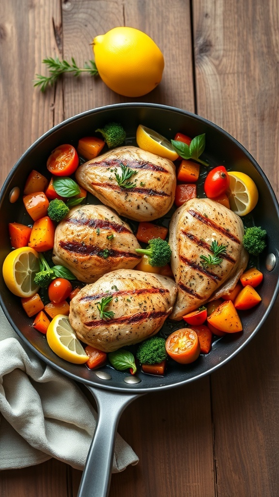 A skillet with grilled chicken breasts and colorful vegetables, garnished with lemon slices and herbs.