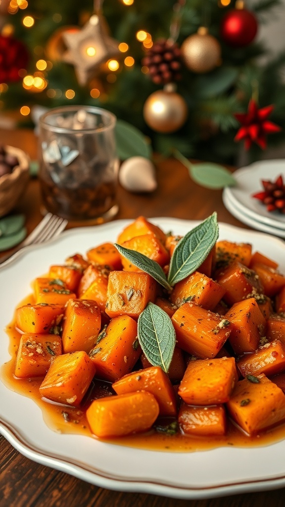 A plate of roasted butternut squash with sage and brown sugar, decorated with a festive background of Christmas ornaments and lights.