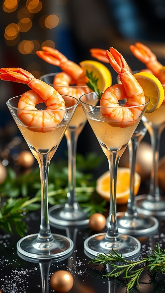Shrimp cocktail shooters with lemon and parsley in elegant glasses