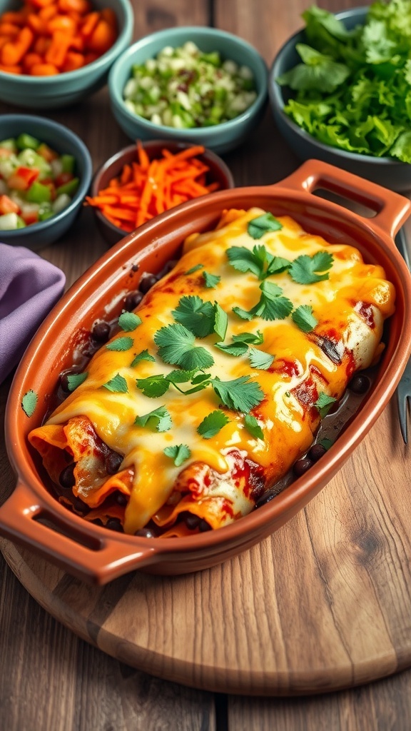 A delicious Sweet Potato and Black Bean Enchilada Bake topped with cheese and cilantro, surrounded by fresh vegetables.