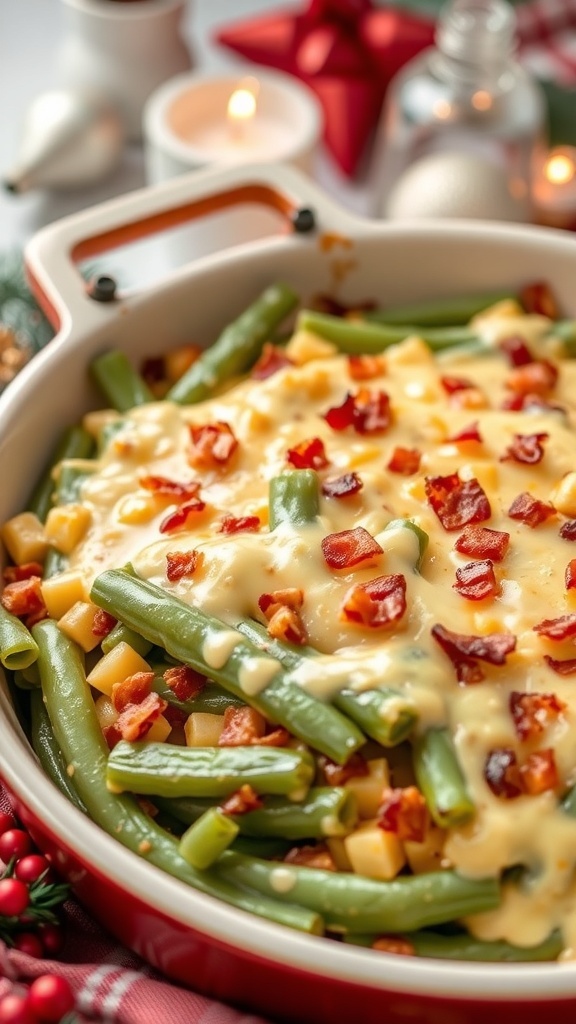 A casserole dish filled with green beans, diced potatoes, bacon bits, and cheddar cheese sauce, set in a festive holiday setting.