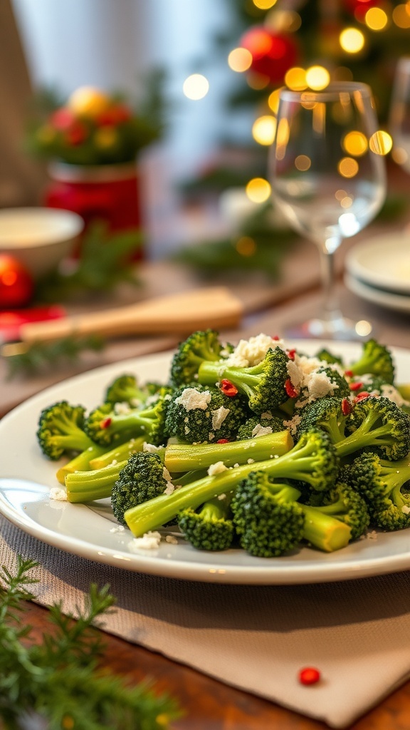 A plate of Garlic Parmesan Broccolini with a festive background