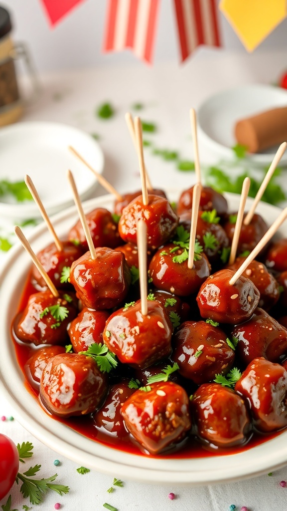 A bowl of BBQ meatballs with skewers and fresh herbs, ready to serve at a party.
