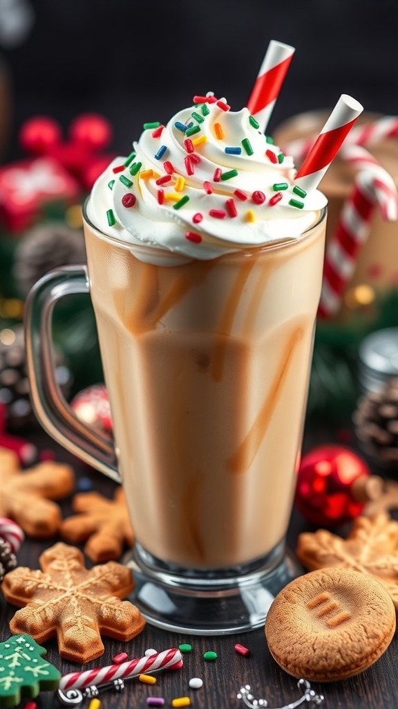 A festive glass of Sugar Cookie Iced Coffee topped with whipped cream and sprinkles, surrounded by Christmas decorations and gingerbread cookies.