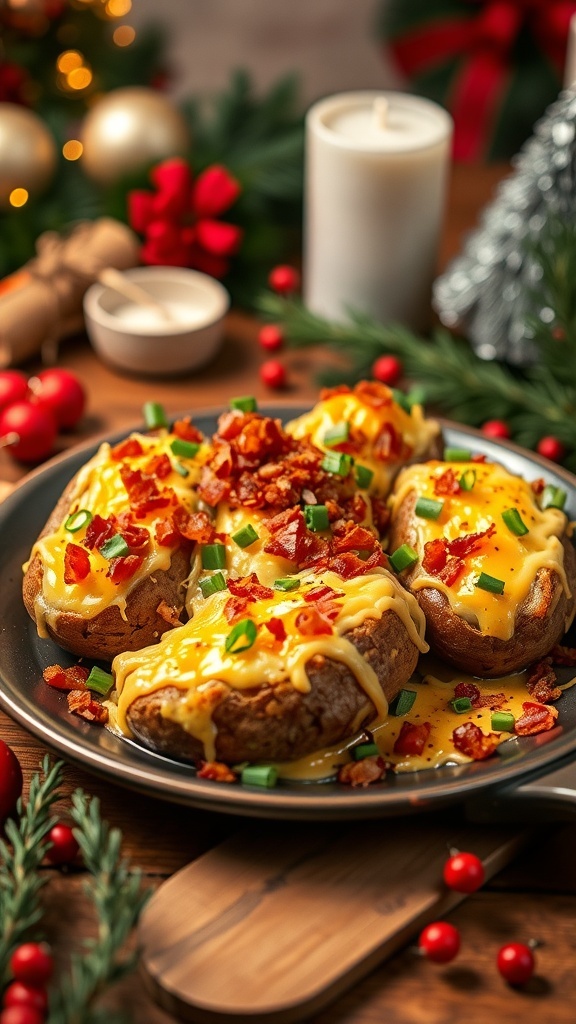 Loaded Twice Baked Potatoes topped with cheese, bacon, and green onions on a festive table.