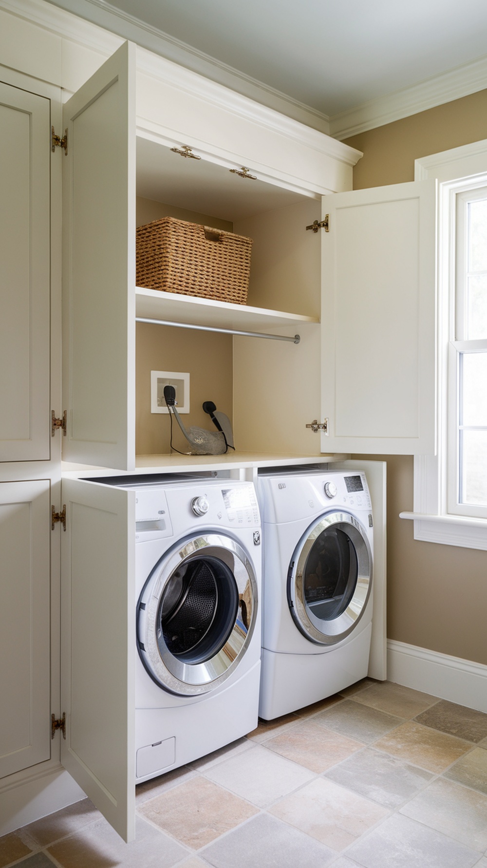 Small Laundry Room Ideas A laundry room with hidden appliances behind cabinet doors, featuring a shelf with a basket above.