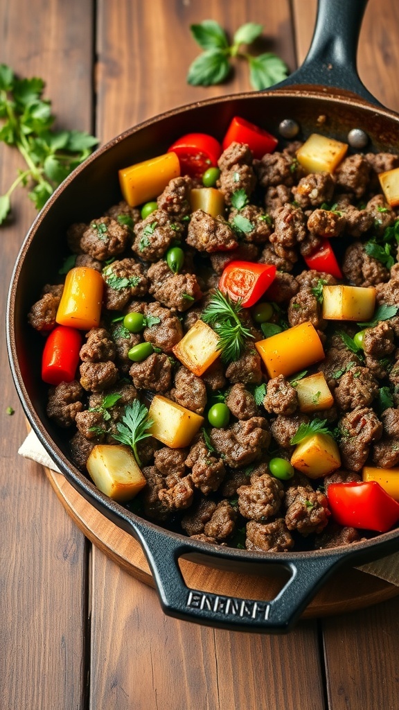 A skillet filled with ground beef, zucchini, bell peppers, and fresh herbs on a wooden table.