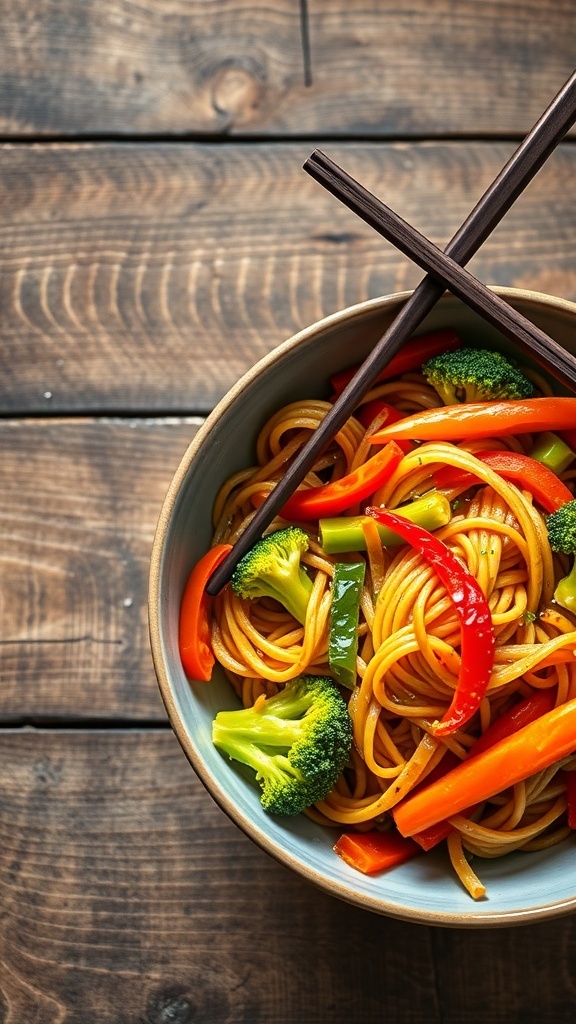 A bowl of stir fry noodles with colorful vegetables, including broccoli and bell peppers, served with chopsticks.