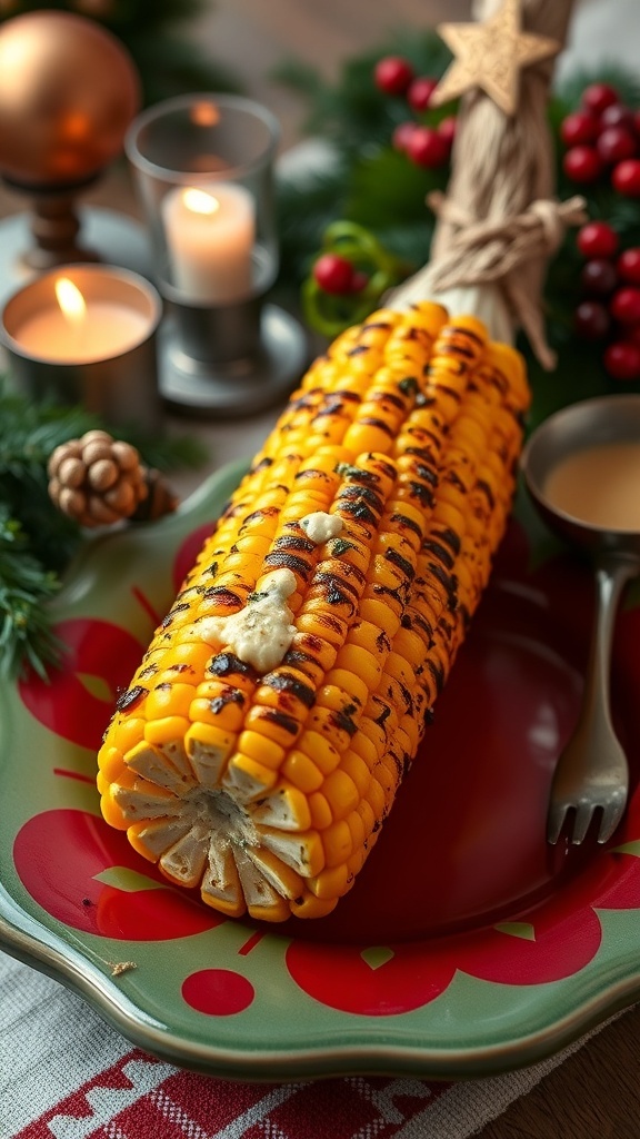 Grilled corn on the cob served on a festive plate with butter and seasonings.