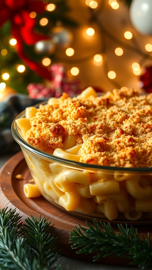 A baked macaroni and cheese casserole with a golden topping, set against a festive background with Christmas lights.
