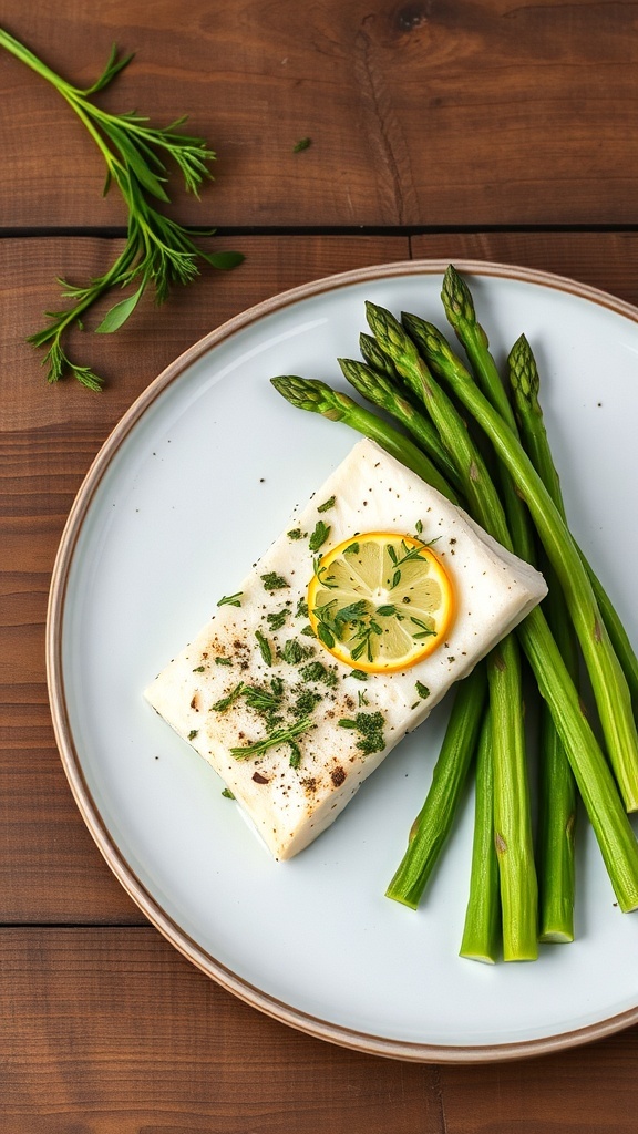 Baked lemon herb halibut with asparagus on a plate